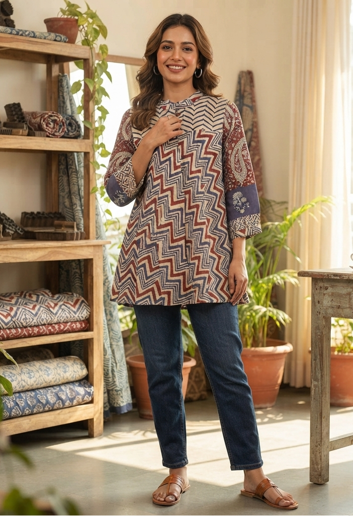 Purple Red Chevron Print Fusion A-Line Kurti