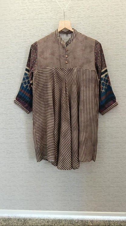 Brown Muslin Flared Kurti with Printed Sleeves for Women