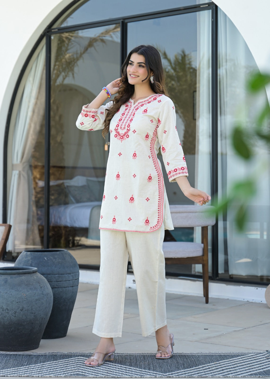 Mirror Work Emroidered Cotton Short Kurti Pant set - Coord Set for Women