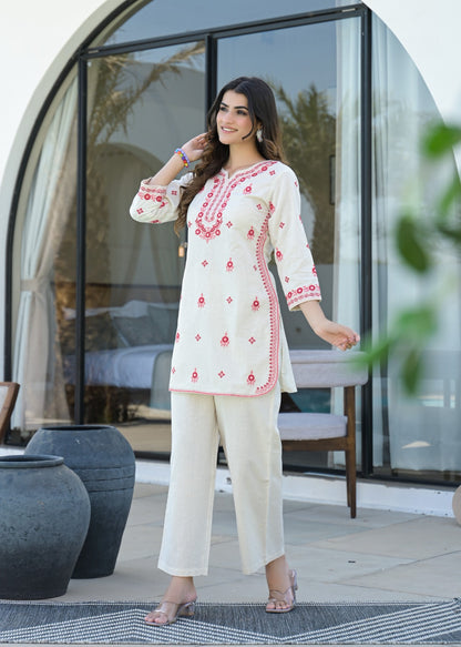 Mirror Work Emroidered Cotton Short Kurti Pant set - Coord Set for Women