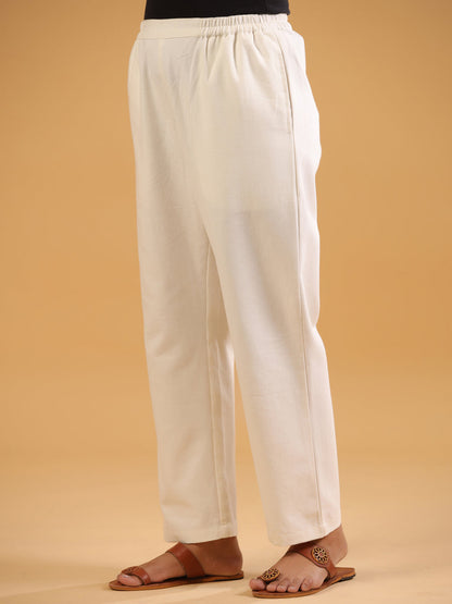 White Cotton Solid Relaxed fit trouser