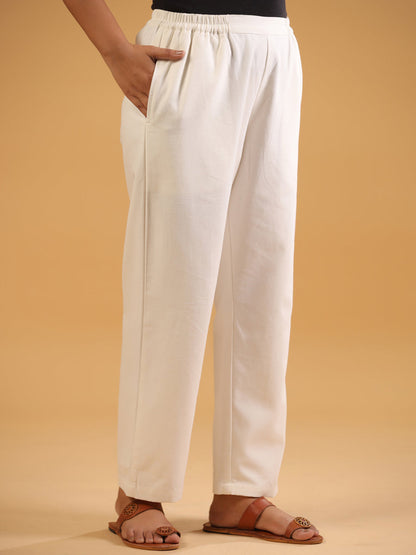 White Cotton Solid Relaxed fit trouser