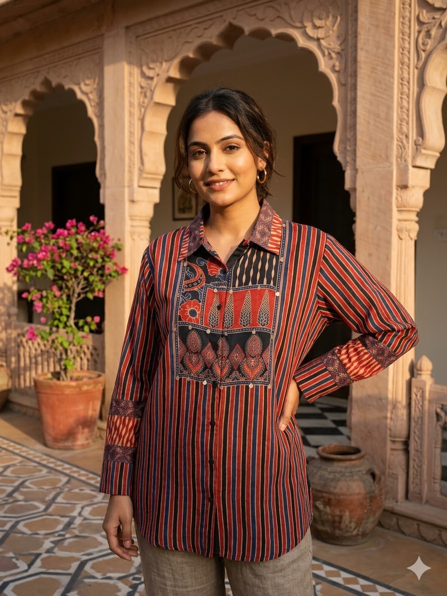 Red and Blue Stripe style Ajrakh Printed Crepe Shirt Top - shirt