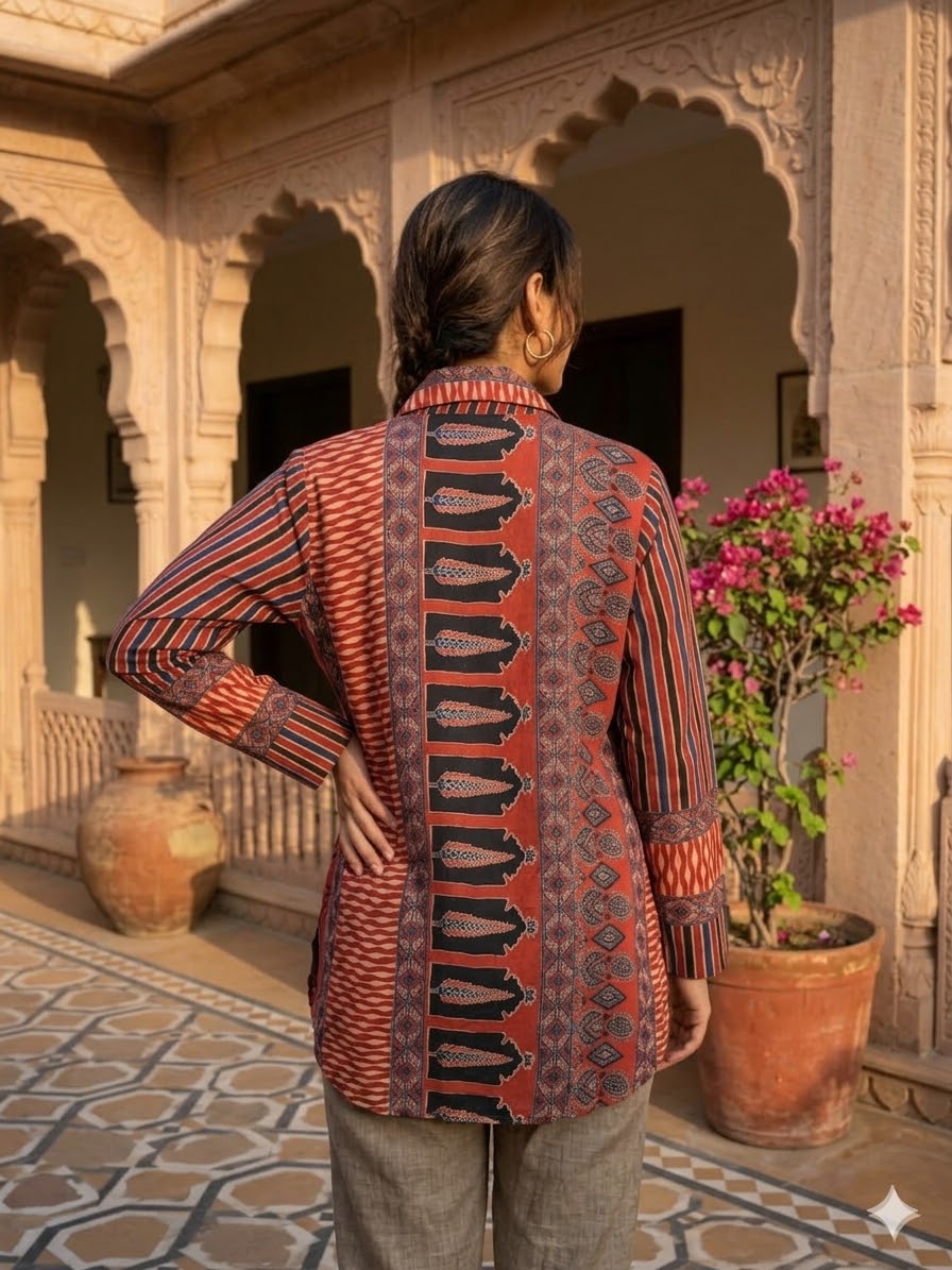 Red and Blue Stripe style Ajrakh Printed Crepe Shirt Top - shirt