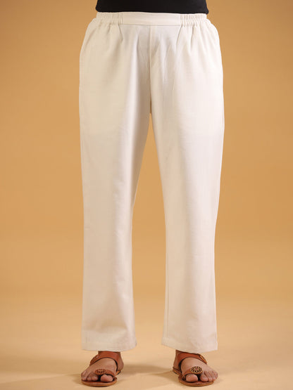 White Cotton Solid Relaxed fit trouser