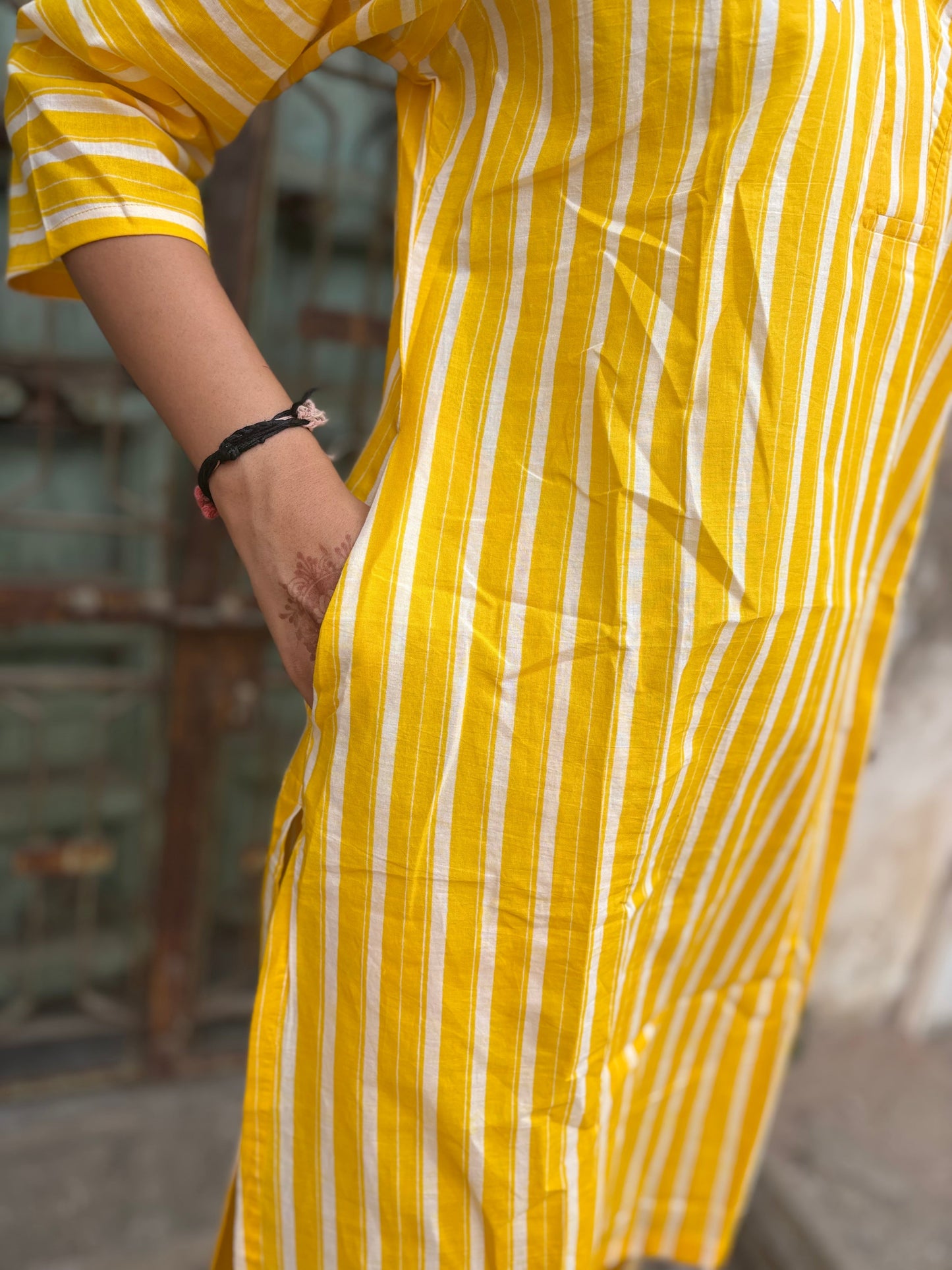 Yellow Stripe Cotton Kurti Pant set