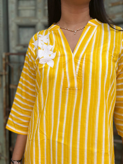 Yellow Stripe Cotton Kurti Pant set - Coord Set for Women