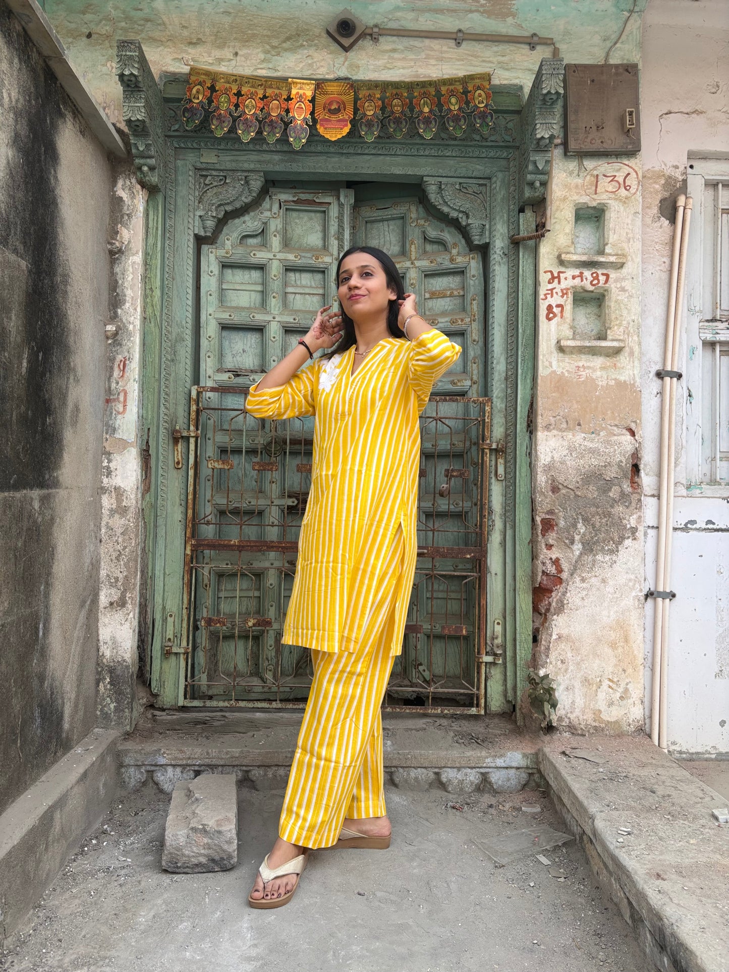 Yellow Stripe Cotton Kurti Pant set
