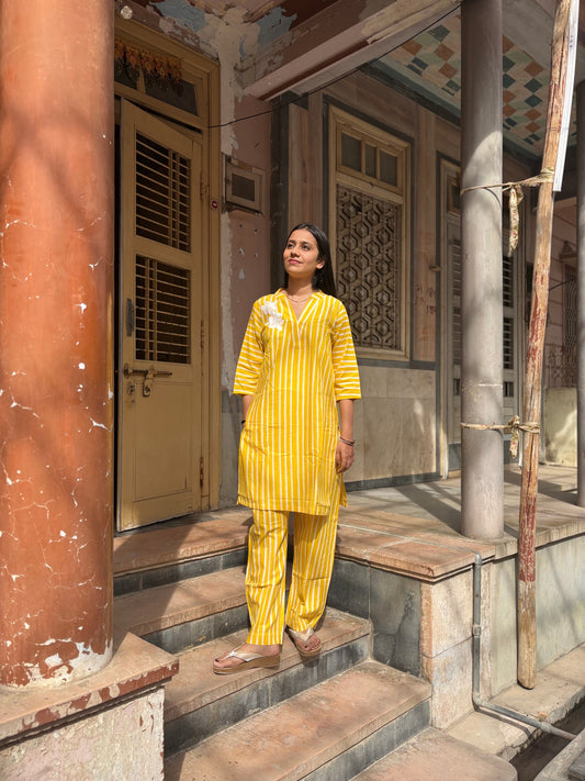 Yellow Stripe Cotton Kurti Pant set